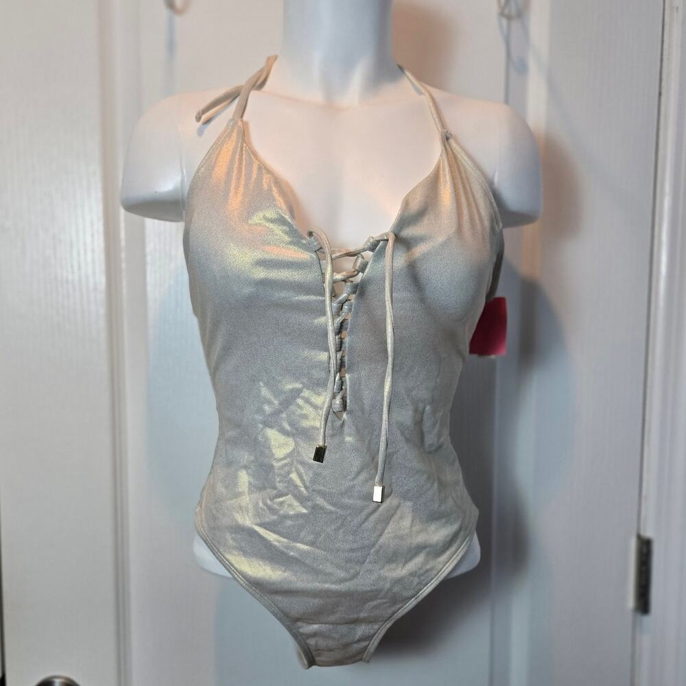 NWT Uncommon Sense Women One Piece Beige Shimmer Gold Swimsuit sz M